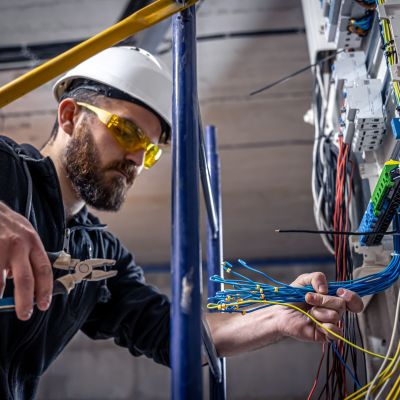 A male electrician works in a switchboard with an electrical connecting cable.